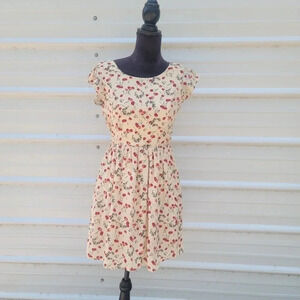 MOON Women Casual Short Sleeve Dresses Knee Length Dress Beige Red Cherry sz M